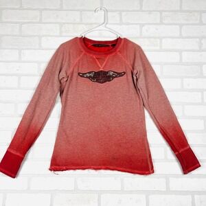 Harley Davidson Red Ombre Long Sleeve Top, Raw Hem, Eagle Logo, Biker Size Small